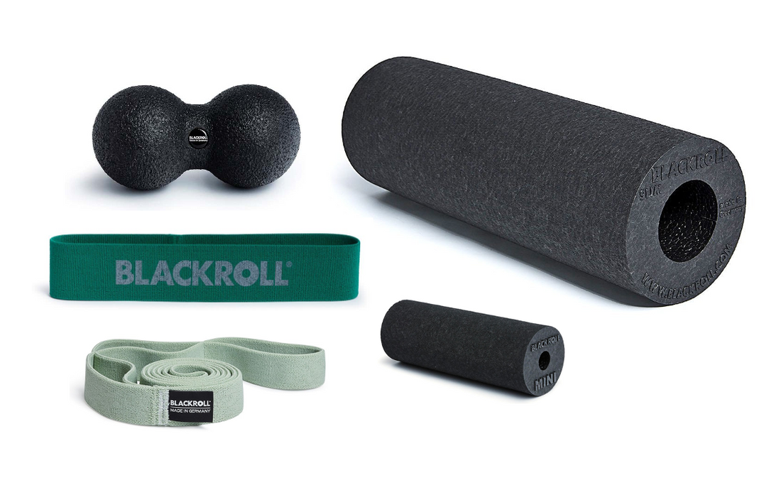 BLACKROLL Surfer Recovery Set – complete kit with foam roller, loop band, duoball, stretch band, and mini roller