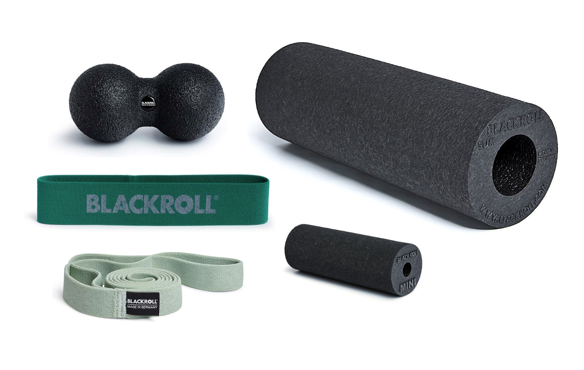 BLACKROLL Surfer Recovery Set – complete kit with foam roller, loop band, duoball, stretch band, and mini roller
