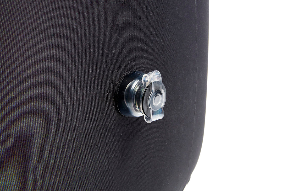 Side view of BLACKROLL Inflatable Lounger showing quick-release air valve for fast deflation