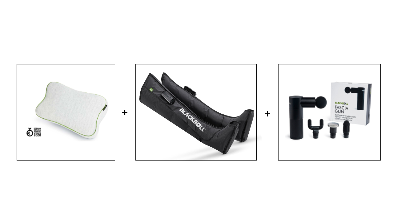 Blackroll recovery and travel pillow, side view of compression boots and front view of the massage gun with attachments