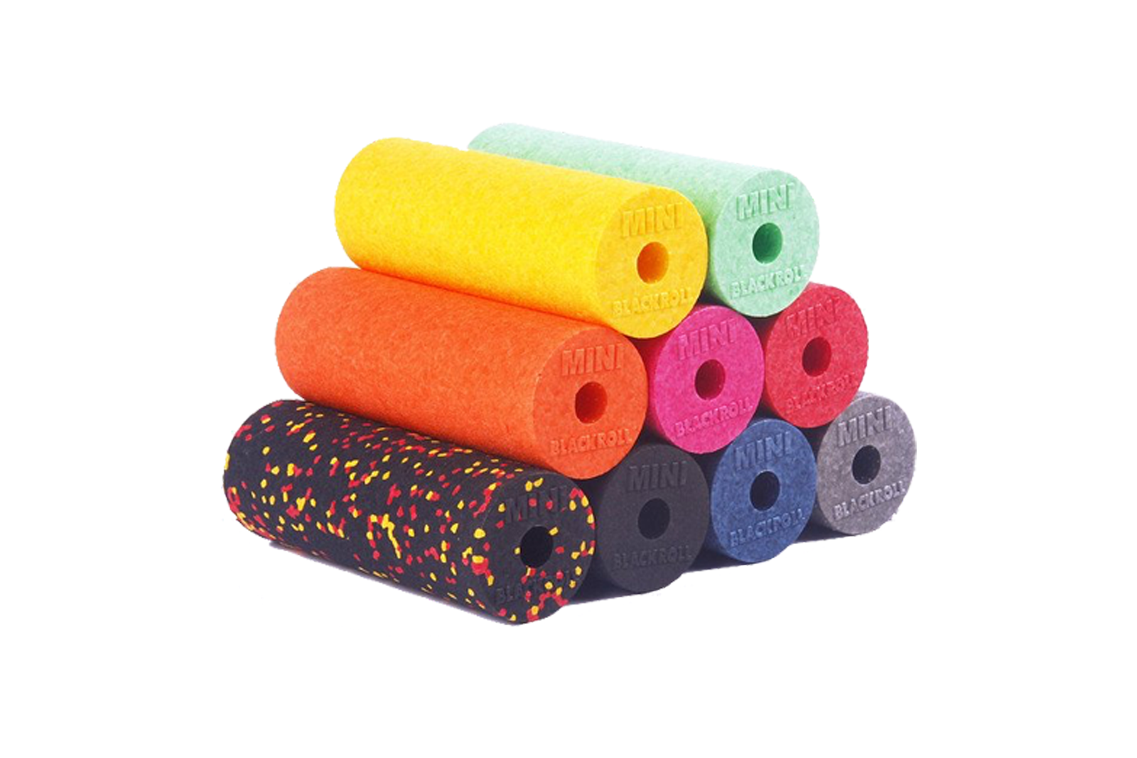 9 BLACKROLL MINI rollers lined up – compact foam rollers for clinics, studios, or resale
