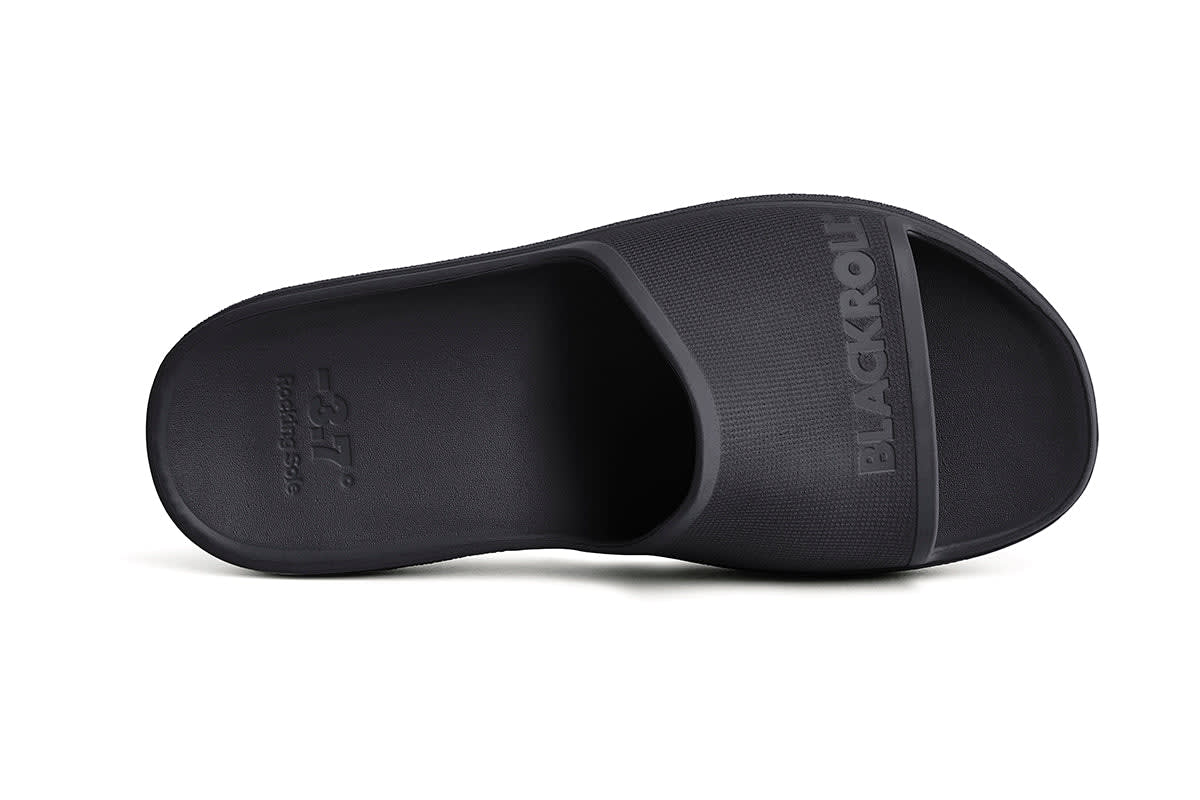 Top-down view of BLACKROLL Recovery Slides showing wide footbed and minimalist design