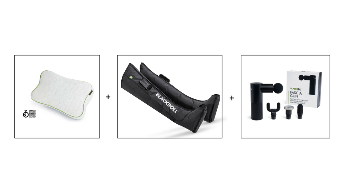 Blackroll recovery and travel pillow, side view of compression boots and front view of the massage gun with attachments